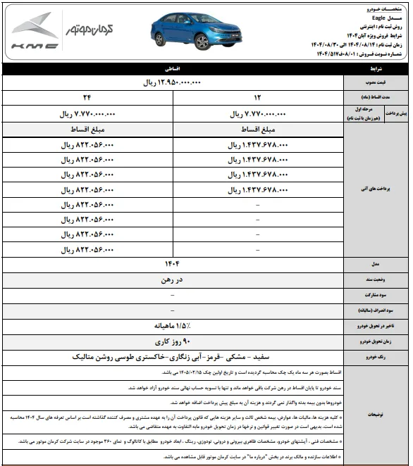 شرایط فروش محصولات کی ام سی کرمان موتور در آبان 1404 شرایط فروش محصولات کی ام سی کرمان موتور در آبان 1404