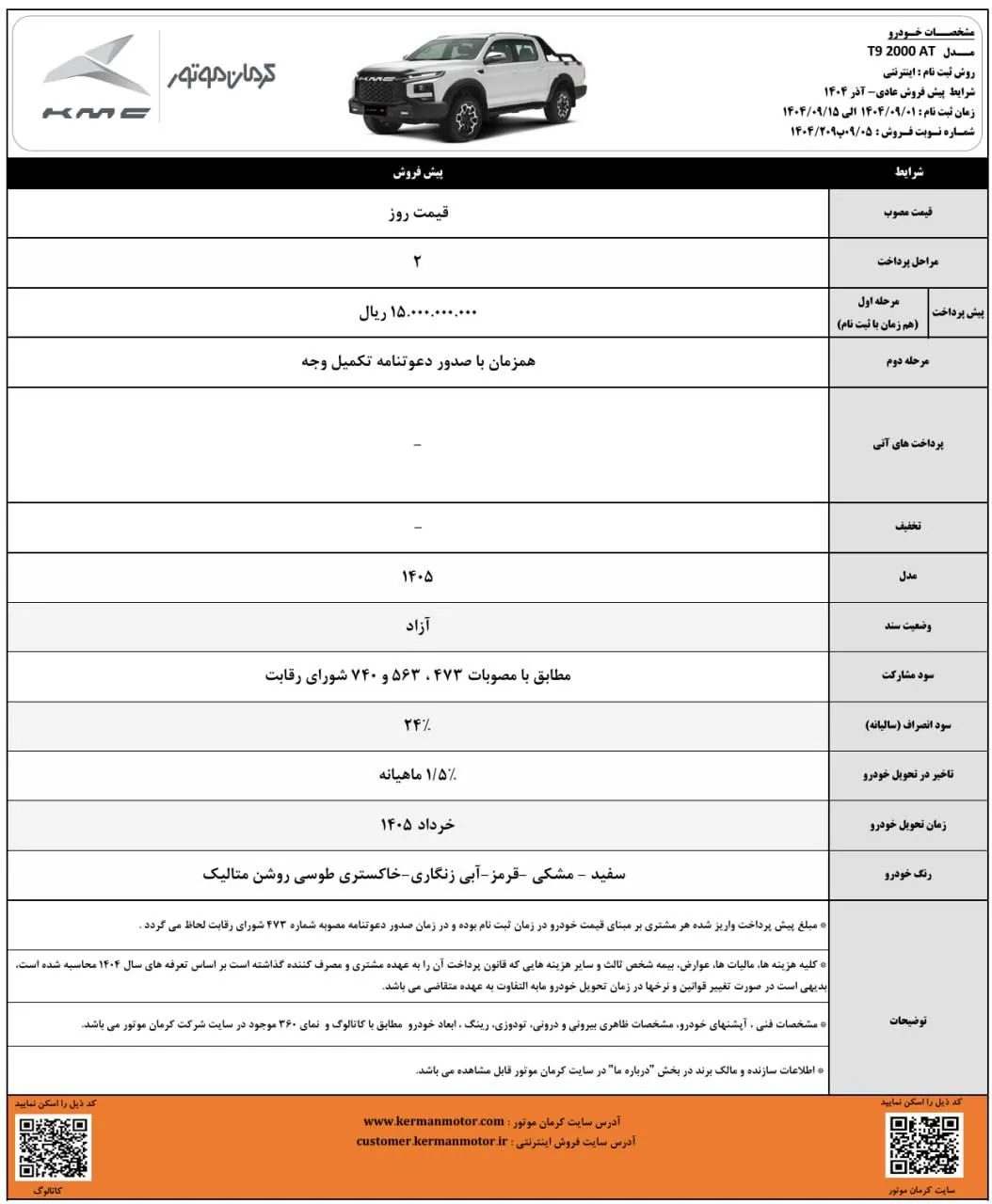 پیش فروش عادی کی ام سی ۱۴۰۵ | سود ۲۴٪ انصراف و سند آزاد برای همه مدلها پیش فروش عادی کی ام سی ۱۴۰۵ | سود ۲۴٪ انصراف و سند آزاد برای همه مدلها