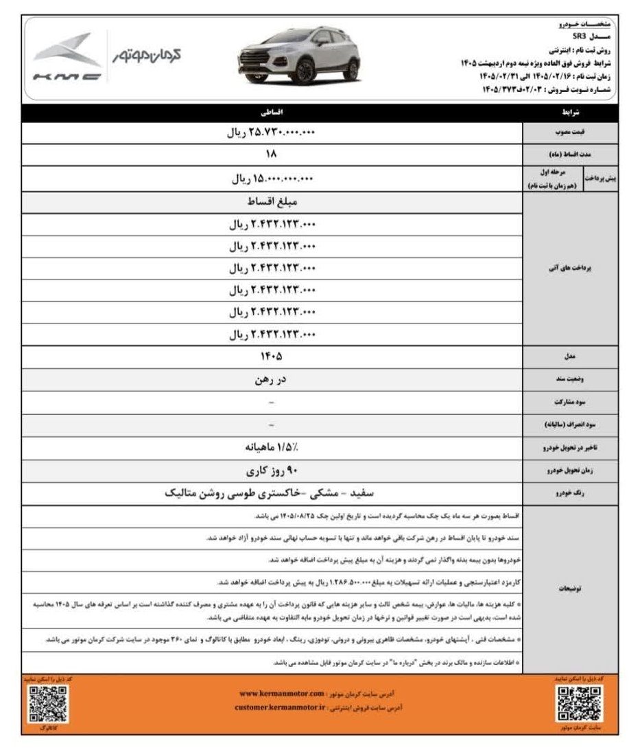 شرایط فروش اقساطی SR3 کرمان موتور اعلام شد | قیمت و جزئیات طرح اردیبهشت ۱۴۰۵