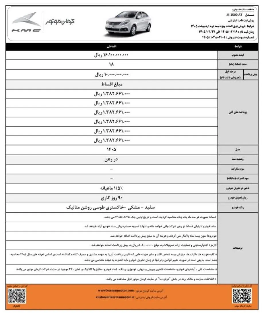 شرایط فروش J4 کرمان موتور با اقساط ۱۸ ماهه در اردیبهشت ۱۴۰۵ شرایط فروش J4 کرمان موتور با اقساط ۱۸ ماهه در اردیبهشت ۱۴۰۵